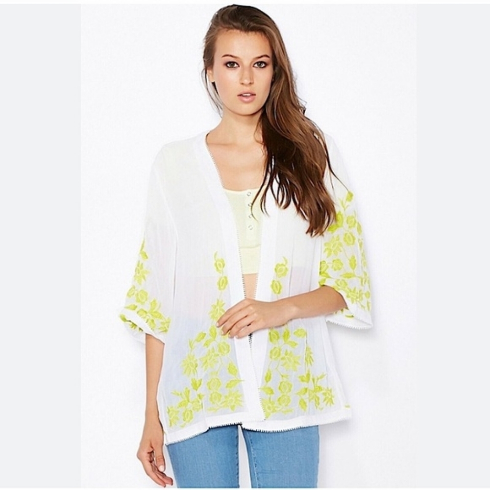 TOPSHOP Lime Green Floral Embroidered Sheer Kimono | SZ 4 / S-M